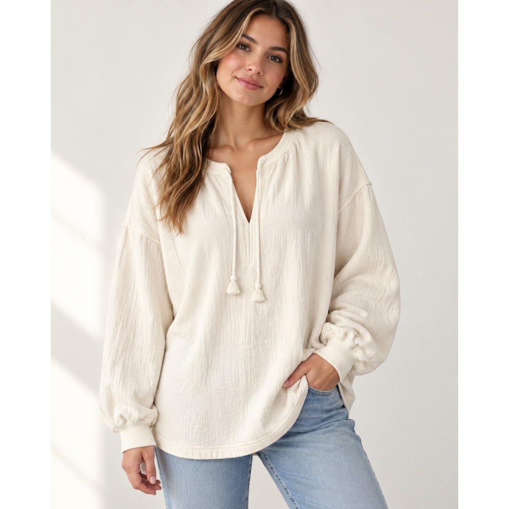 Aerie Easy Street Sweatshirt XL Cream Crinkle Tassel Tie V Neck Oversized Boho